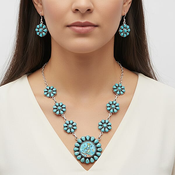 Shop Lc 2 Piece Set - Santa Fe Style Kingman Turquoise And Multi Gemstone 15.30 Ctw Necklace 20 Inches And Earrings In Sterling Silver