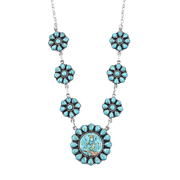 Shop Lc 2 Piece Set - Santa Fe Style Kingman Turquoise And Multi Gemstone 15.30 Ctw Necklace 20 Inches And Earrings In Sterling Silver