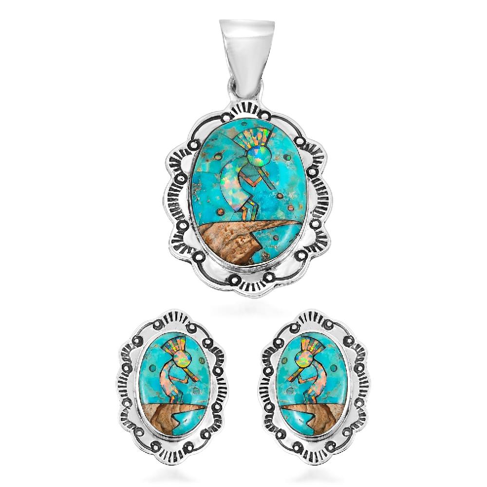 shop lc 2 Piece Set - Santa Fe Style Kingman Turquoise and Multi Gemstone 5.25 ctw Kokopelli Pendant without Chain and Earrings in Sterling Silver