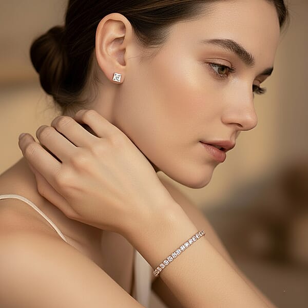 Shop Lc 2 Piece Set - Simulated Diamond 5.60 Ctw Tennis Bracelet (7.50 In) And Earrings In Rosetone