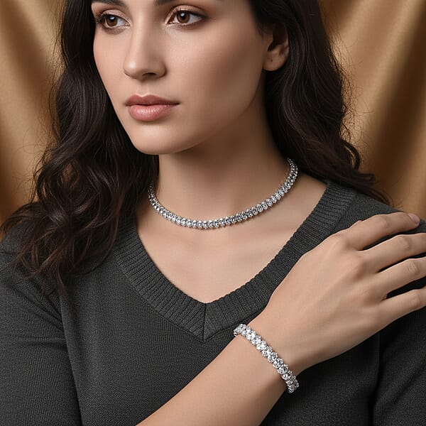 Shop Lc 2 Piece Set Simulated Diamond Chocker Necklace 17.0 Inches And Bracelet (7.5In) In Silvertone