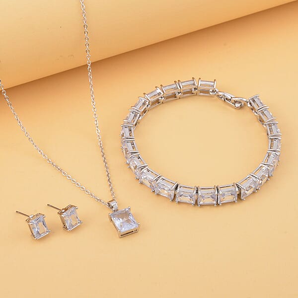 Shop Lc 3 Piece Set Austrian Crystal Tennis Bracelet (7.25In) Solitaire Pendant Necklace 20 Inches And Earrings In Silvertone