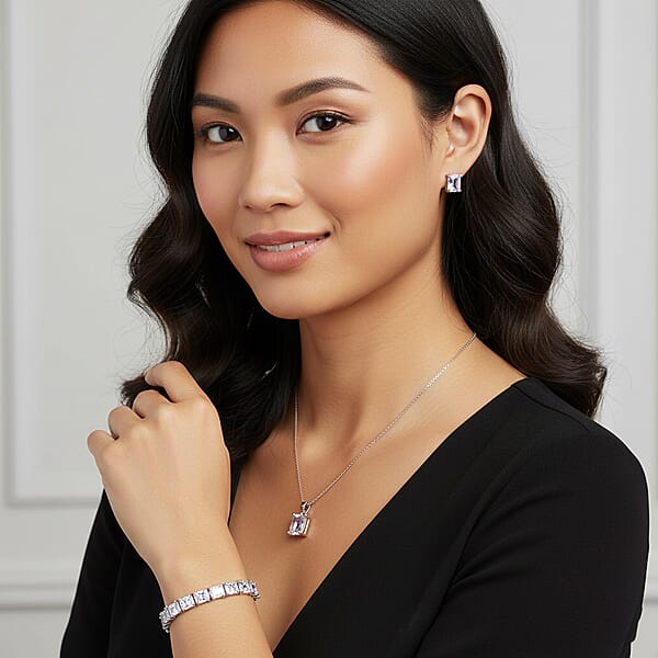Shop Lc 3 Piece Set Austrian Crystal Tennis Bracelet (7.25In) Solitaire Pendant Necklace 20 Inches And Earrings In Silvertone