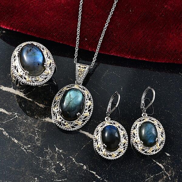 Shop Lc 3 Piece Set - EverTrue Malagasy Labradorite 36.60 Ctw Vintage Mirror Earrings Ring And Pendant In 18K YG Plated And Platinum Bond With Stainless Steel Chain 20 Inches
