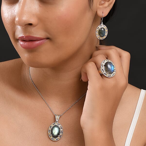 Shop Lc 3 Piece Set - EverTrue Malagasy Labradorite 36.60 Ctw Vintage Mirror Earrings Ring And Pendant In 18K YG Plated And Platinum Bond With Stainless Steel Chain 20 Inches