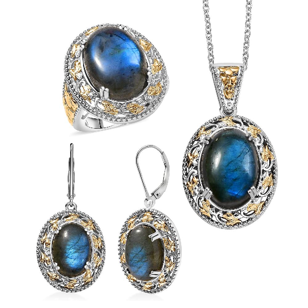 shop lc 3 Piece Set - EverTrue Malagasy Labradorite 36.60 ctw Vintage Mirror Earrings Ring and Pendant in 18K YG Plated and Platinum Bond with Stainless Steel Chain 20 Inches