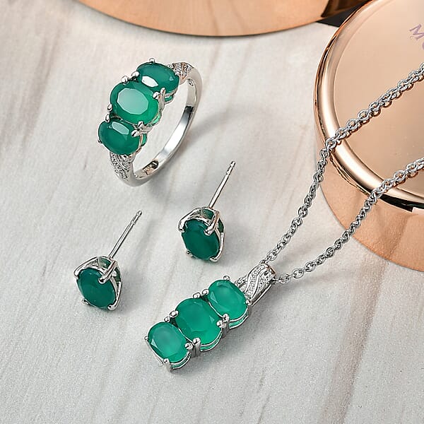 Shop Lc 3 Piece Set - EverTrue Verde Onyx 7.50 Ctw Stud Earrings Ring And Pendant In Platinum Bond With Stainless Steel Necklace 20 Inches