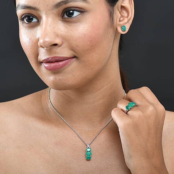 Shop Lc 3 Piece Set - EverTrue Verde Onyx 7.50 Ctw Stud Earrings Ring And Pendant In Platinum Bond With Stainless Steel Necklace 20 Inches
