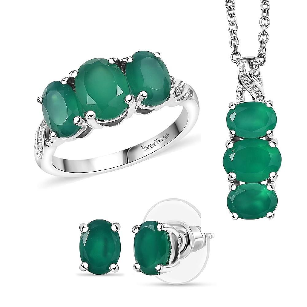 shop lc 3 Piece Set - EverTrue Verde Onyx 7.50 ctw Stud Earrings Ring and Pendant in Platinum Bond with Stainless Steel Necklace 20 Inches