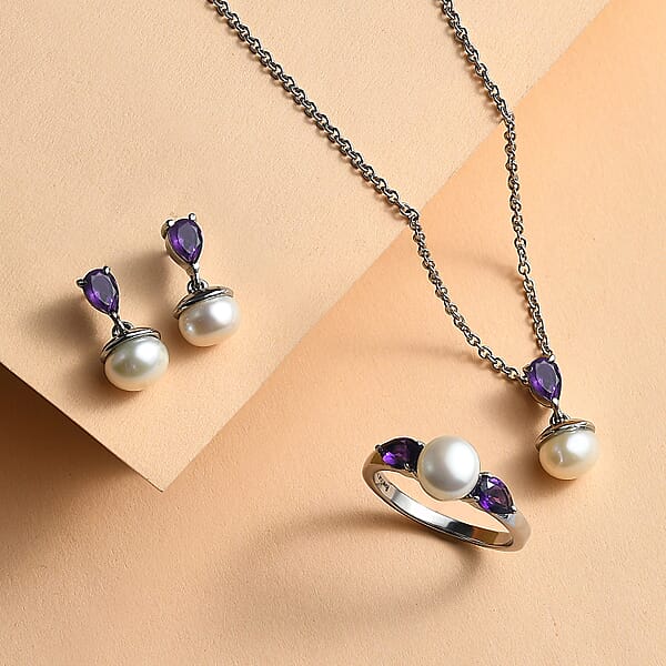 Shop Lc 3 Piece Set - EverTrue White Freshwater Pearl And African Amethyst 2.00 Ctw Earrings Ring And Pendant In Stainless Steel Necklace 20 Inches