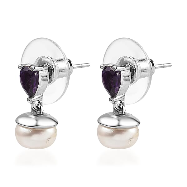 Shop Lc 3 Piece Set - EverTrue White Freshwater Pearl And African Amethyst 2.00 Ctw Earrings Ring And Pendant In Stainless Steel Necklace 20 Inches