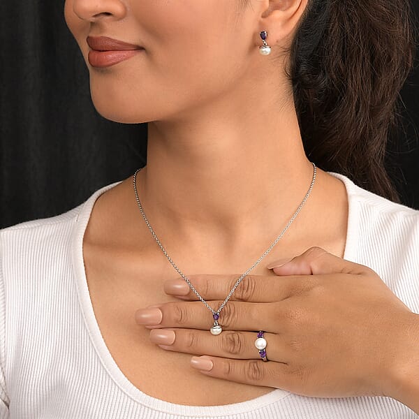 Shop Lc 3 Piece Set - EverTrue White Freshwater Pearl And African Amethyst 2.00 Ctw Earrings Ring And Pendant In Stainless Steel Necklace 20 Inches