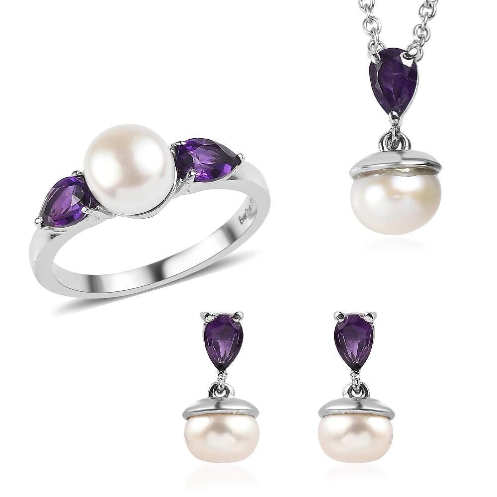 shop lc 3 Piece Set - EverTrue White Freshwater Pearl and African Amethyst 2.00 ctw Earrings Ring and Pendant in Stainless Steel Necklace 20 Inches