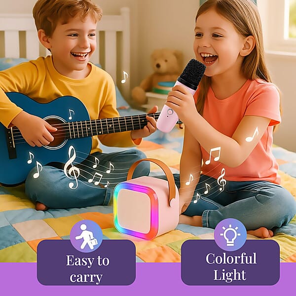 Shop Lc 3pcs Bluetooth Karaoke Speaker With Colorful LED Lights And 2pc Wireless Microphone - Pink