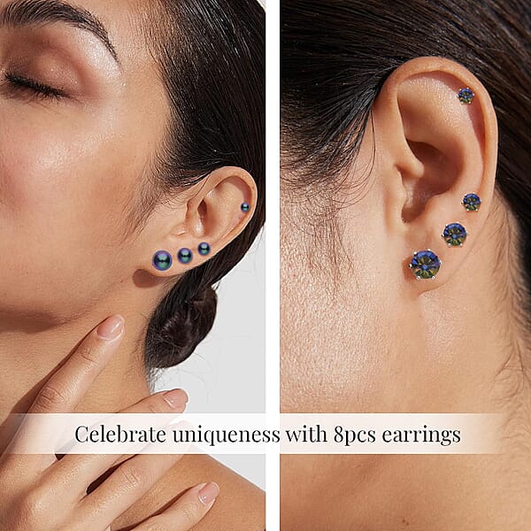 Shop Lc 9pcs Jewelry Set - 4pcs Peacock Shell Pearl Earrings 4pcs Multi Color Crystal Earrings And 1pc Bracelet (7.5-9.5 Inches) In Silvertone & Stainless Steel