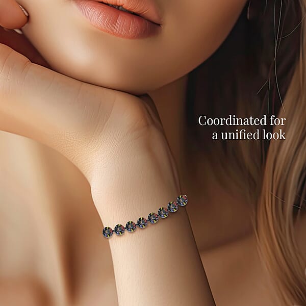 Shop Lc 9pcs Jewelry Set - 4pcs Peacock Shell Pearl Earrings 4pcs Multi Color Crystal Earrings And 1pc Bracelet (7.5-9.5 Inches) In Silvertone & Stainless Steel