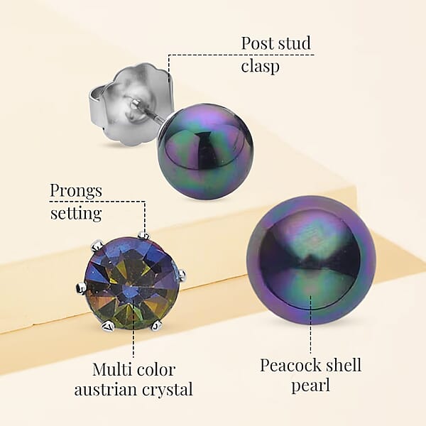 Shop Lc 9pcs Jewelry Set - 4pcs Peacock Shell Pearl Earrings 4pcs Multi Color Crystal Earrings And 1pc Bracelet (7.5-9.5 Inches) In Silvertone & Stainless Steel