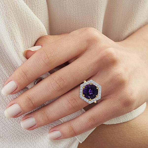 Shop Lc AAA Amethyst And G-H SI Luxuriant Lab Grown Diamond 7.14 Ctw Ring In 10K Yellow Gold