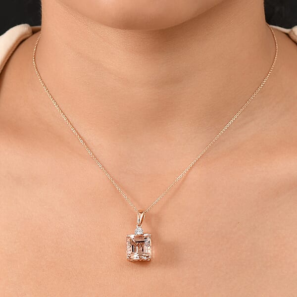 Shop Lc AAA Asscher Cut Marropino Morganite And Luxuriant Lab Grown Diamond 8.20 Ctw Art Deco Pendant Necklace 20 Inches In 14K Rose Gold
