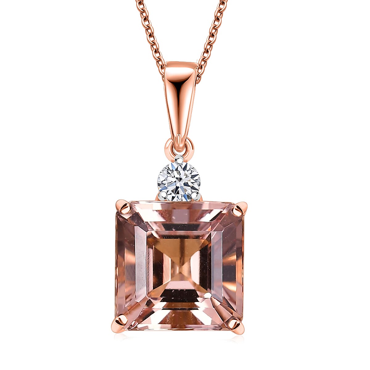shop lc AAA Asscher Cut Marropino Morganite and Luxuriant Lab Grown Diamond 8.20 ctw Art Deco Pendant Necklace 20 Inches in 14K Rose Gold
