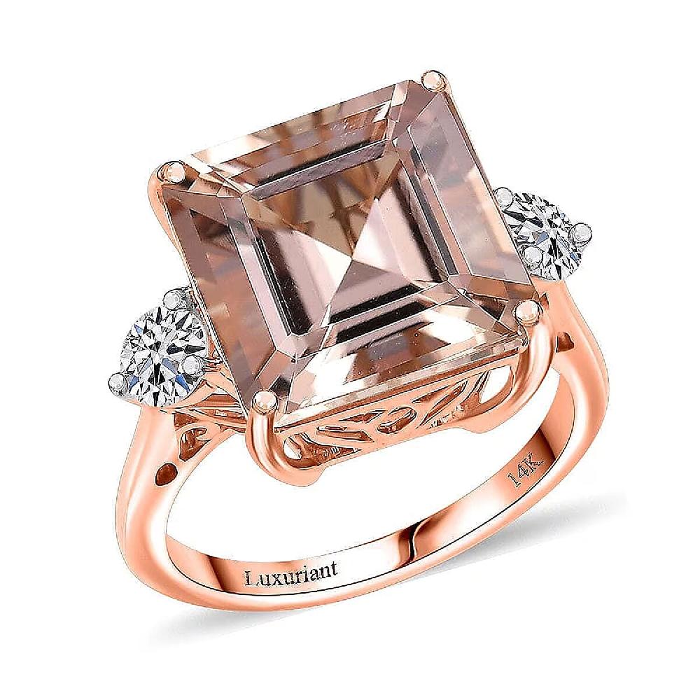 shop lc AAA Asscher Cut Marropino Morganite Lab Grown Diamond Art Deco Ring in 14K Rose Gold 8.35 ctw