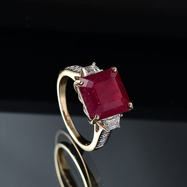 Shop Lc AAA Asscher Cut Niassa Ruby And E-F VS Luxuriant Lab Grown Diamond 10.78 Ctw Ring In 10K Yellow Gold