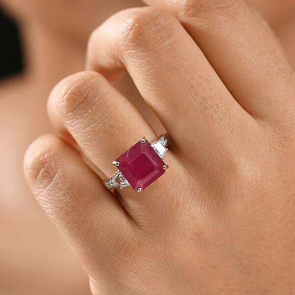 Shop Lc AAA Asscher Cut Niassa Ruby And E-F VS Luxuriant Lab Grown Diamond 10.78 Ctw Ring In 10K Yellow Gold