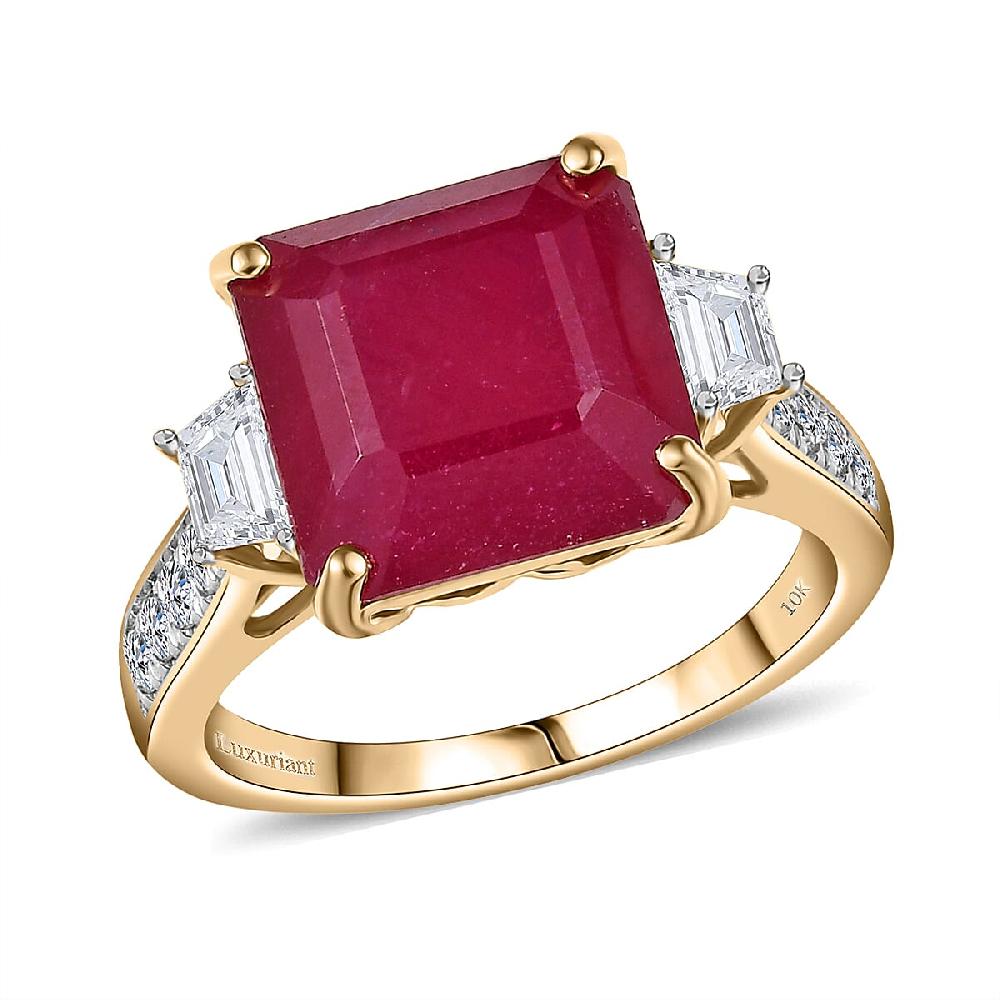 shop lc AAA Asscher Cut Niassa Ruby and E-F VS Luxuriant Lab Grown Diamond 10.78 ctw Ring in 10K Yellow Gold