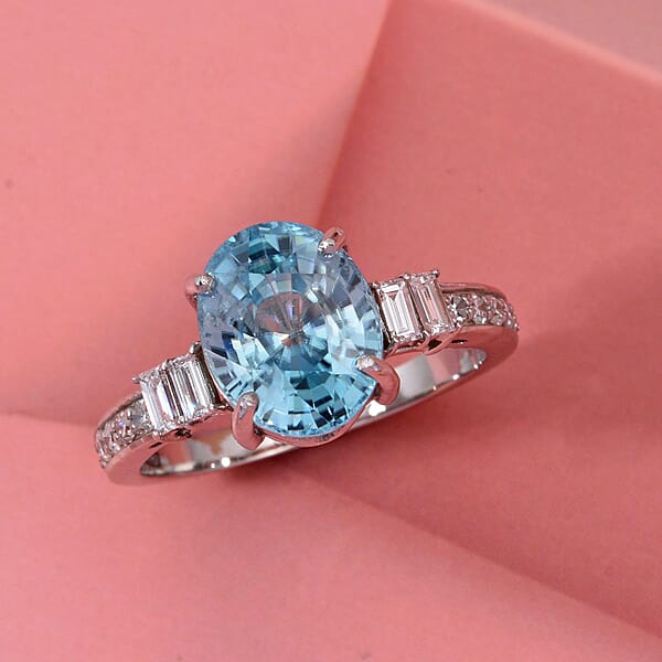 Shop Lc AAA Cambodian Blue Zircon And G-H SI Luxuriant Lab Grown Diamond 4.50 Ctw Ring In 10K White Gold
