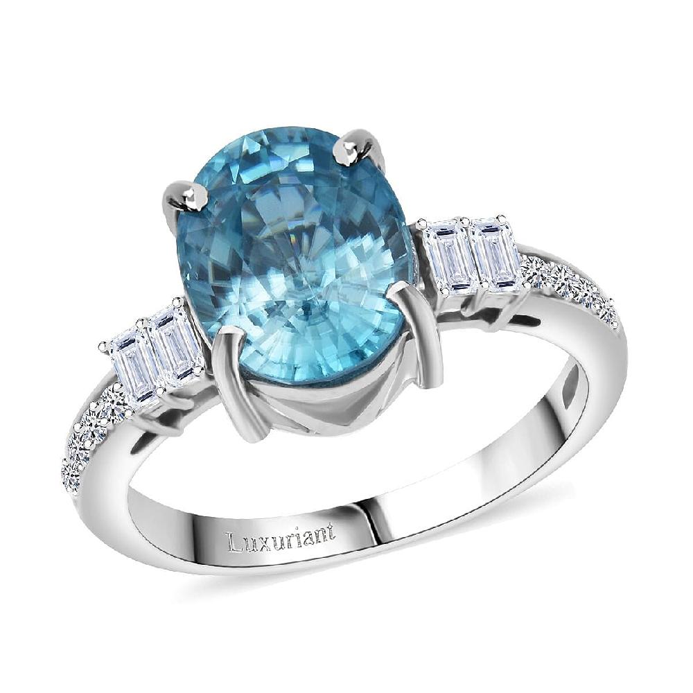 shop lc AAA Cambodian Blue Zircon and G-H SI Luxuriant Lab Grown Diamond 4.50 ctw Ring in 10K White Gold