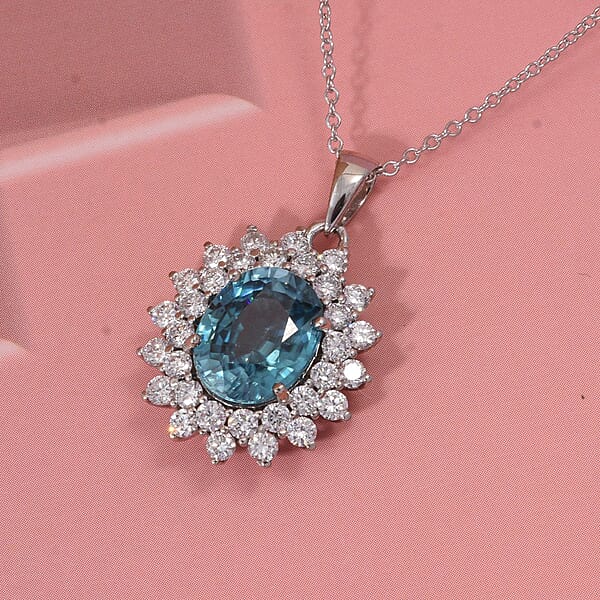 Shop Lc AAA Cambodian Perito Moreno Blue Zircon And G-H SI Luxuriant Lab Grown Diamond 5.50 Ctw Sea Radiance Pendant Necklace In 10K White Gold 18 Inches