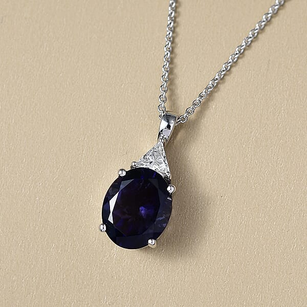 Shop Lc AAA Catalina Iolite Lab Grown Diamond Art Deco Pendant Necklace In 10K White Gold 3.10 Ctw (20 Inches)
