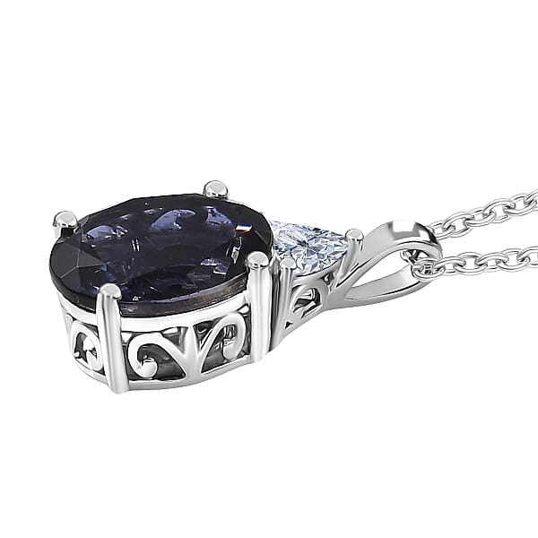 Shop Lc AAA Catalina Iolite Lab Grown Diamond Art Deco Pendant Necklace In 10K White Gold 3.10 Ctw (20 Inches)