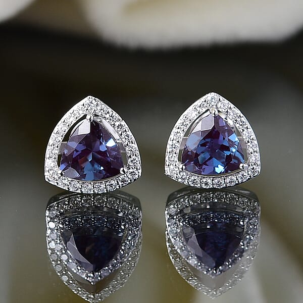 Shop Lc AAA Lab Grown Alexandrite And Luxuriant Lab Grown Diamond G-H SI 3.25 Ctw Earrings In 10K White Gold