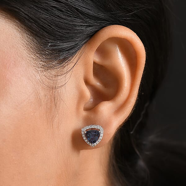 Shop Lc AAA Lab Grown Alexandrite And Luxuriant Lab Grown Diamond G-H SI 3.25 Ctw Earrings In 10K White Gold