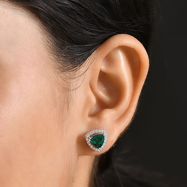 Shop Lc AAA Lab Grown Emerald And Luxuriant Lab Grown Diamond G-H SI 2.25 Ctw Earrings In 10K White Gold