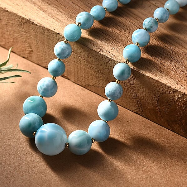 Shop Lc AAA Larimar 180.00 Ctw Beaded Necklace In 18K Vermeil Yellow Gold Over Sterling Silver 18-20 Inches