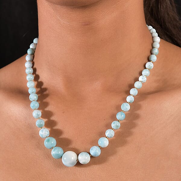 Shop Lc AAA Larimar 180.00 Ctw Beaded Necklace In 18K Vermeil Yellow Gold Over Sterling Silver 18-20 Inches