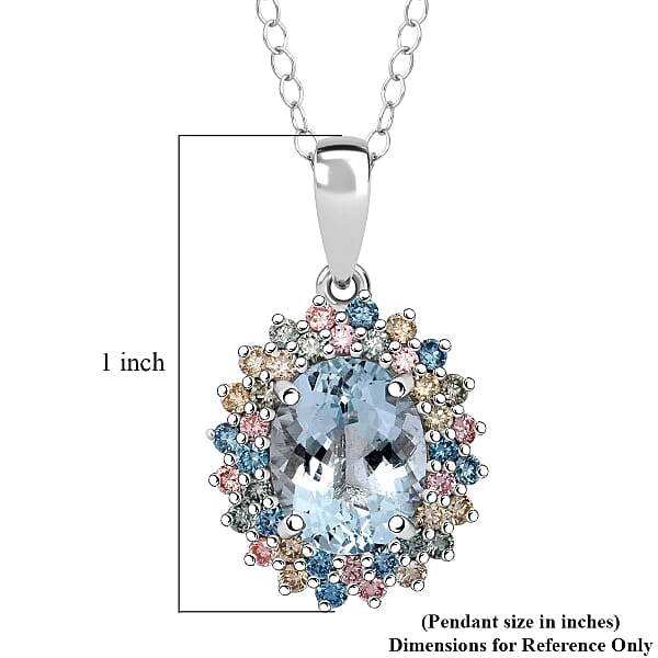 Shop Lc AAA Mangoro Aquamarine And SI Luxuriant Lab Grown Multi Diamond 2.90 Ctw Aurora Blossom Pendant Necklace In Rhodium Over Sterling Silver 20 Inches