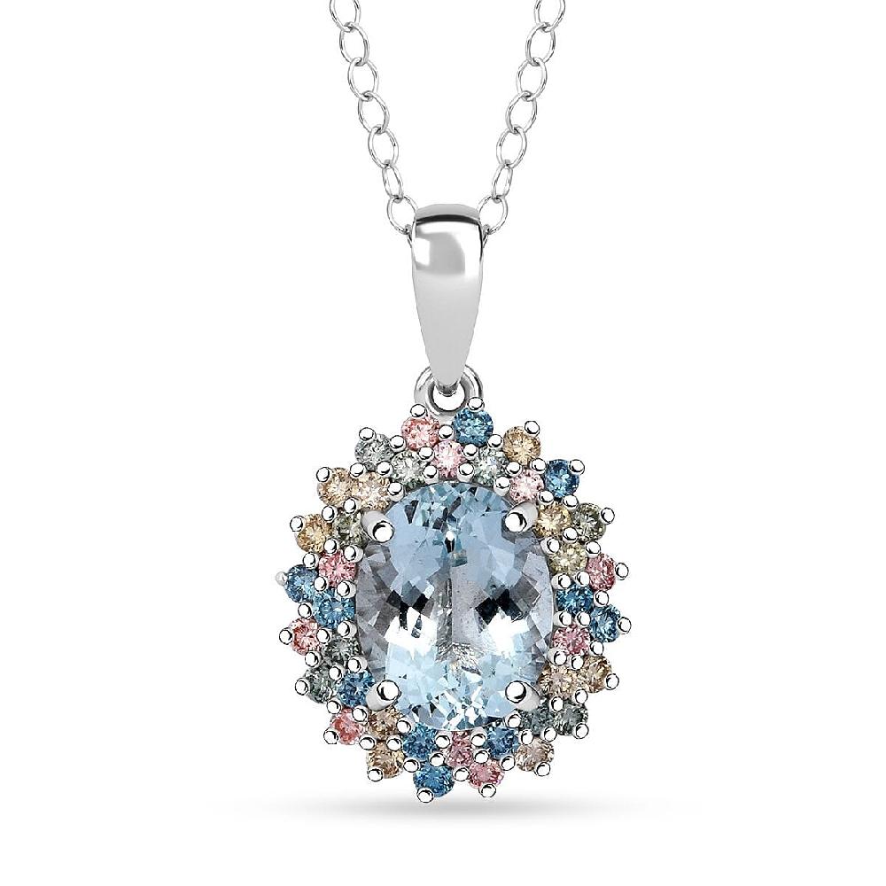 shop lc AAA Mangoro Aquamarine and SI Luxuriant Lab Grown Multi Diamond 2.90 ctw Aurora Blossom Pendant Necklace in Rhodium Over Sterling Silver 20 Inches