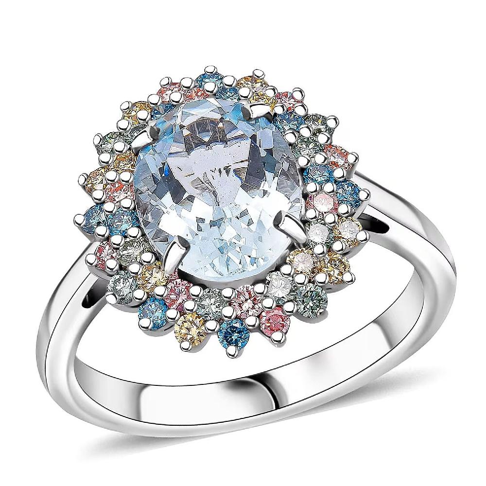 shop lc AAA Mangoro Aquamarine Lab Grown Multi Diamond Ring in Rhodium Over Sterling Silver 2.90 ctw