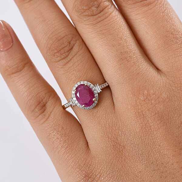 Shop Lc AAA Montepuez Ruby And Luxuriant Lab Grown Diamond EF-VS 3.10 Ctw Crownlight Ring In 10K Yellow Gold