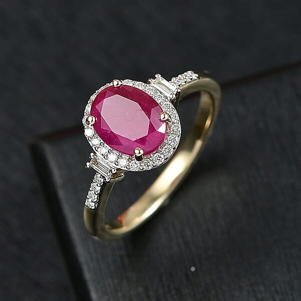 Shop Lc AAA Montepuez Ruby And Luxuriant Lab Grown Diamond EF-VS 3.10 Ctw Crownlight Ring In 10K Yellow Gold