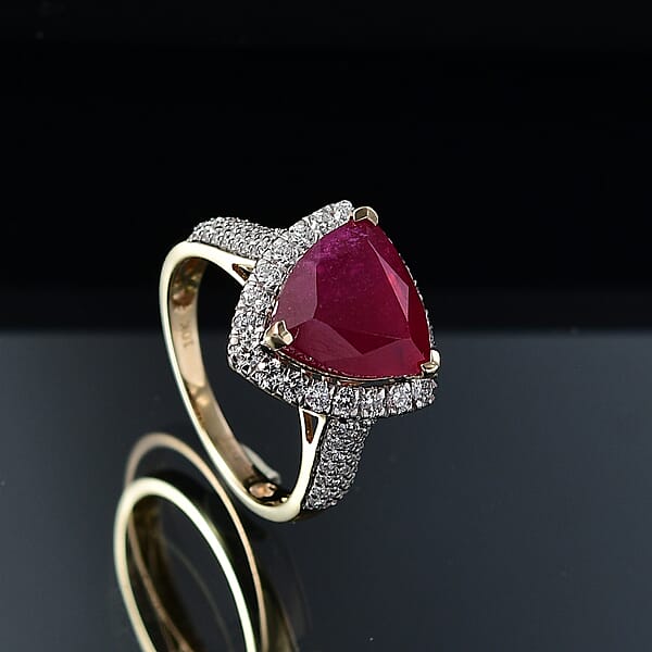 Shop Lc AAA Niassa Ruby And E-F VS Luxuriant Lab Grown Diamond 7.30 Ctw Ring In 10K Yellow Gold