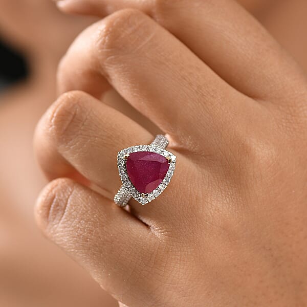 Shop Lc AAA Niassa Ruby And E-F VS Luxuriant Lab Grown Diamond 7.30 Ctw Ring In 10K Yellow Gold