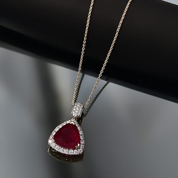 Shop Lc AAA Niassa Ruby (FF) And Luxuriant Lab Grown Diamond E-F VS 7.10 Ctw Pendant Necklace In 10K Yellow Gold 20 Inches