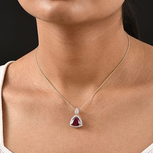 Shop Lc AAA Niassa Ruby (FF) And Luxuriant Lab Grown Diamond E-F VS 7.10 Ctw Pendant Necklace In 10K Yellow Gold 20 Inches