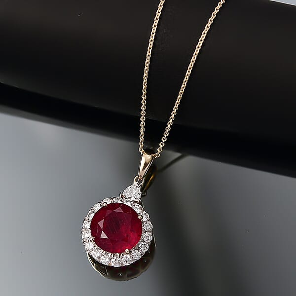 Shop Lc AAA Niassa Ruby (FF) And Luxuriant Lab Grown Diamond E-F VS 8.77 Ctw Pendant Necklace In 10K Yellow Gold 20 Inches