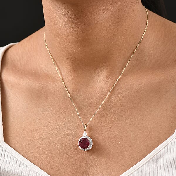 Shop Lc AAA Niassa Ruby (FF) And Luxuriant Lab Grown Diamond E-F VS 8.77 Ctw Pendant Necklace In 10K Yellow Gold 20 Inches
