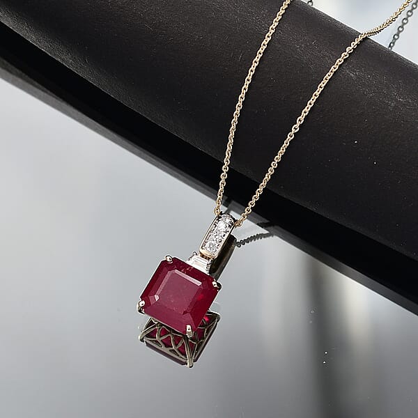 Shop Lc AAA Niassa Ruby (FF) And Luxuriant Lab Grown Diamond E-F VS 10.40 Ctw Pendant Necklace In 10K Yellow Gold 20 Inches